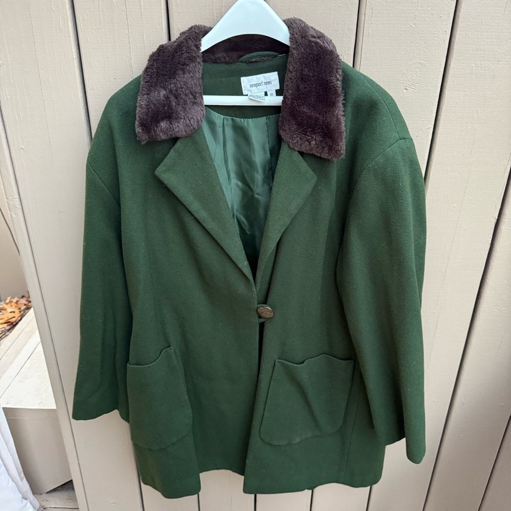 Newport News faux fur collar oversized wool blend forest green coat size 10 - Picture 2 of 11